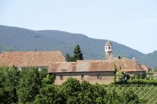 Edenkoben, ehem. Zisterzienserinnen-Kloster Heilsbruck: Refektorium mit Kreuzgratgewölben, Brunnen, Treppenturm.