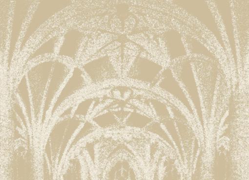 Grafische Darstellung eines gotischen Kirchengewölbes in Sepia- und Beigetönen mit betonten Spitzbögen und Lichtstruktur.
