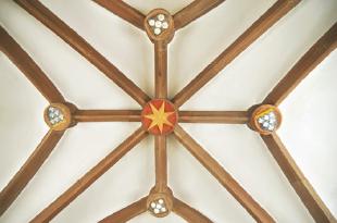 Dernbach, catholic church St. Trinity, former St. Jodokus, medieval furnishings: among others wall paintings, two-storey sacristy with ribbed vault and keystone with star, St. James