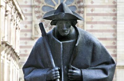 St. James pilgrim, bronze sculpture by Martin Mayer, Speyer 1990, Speyer, World Heritage Site Imperial Cathedral of the Salians St. Mary and St. Stephen