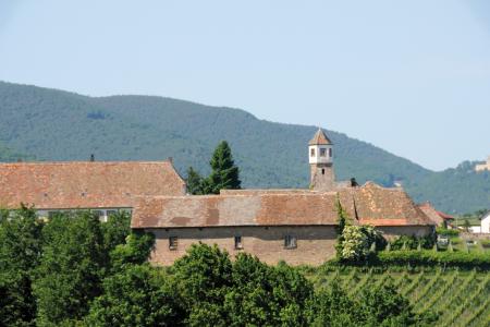 Edenkoben, Ehem. Zisterzienserinnen-Kloster Heilsbruck,. Refektorium mit Kreuzgratgewölben, Brunnen, Treppenturm.